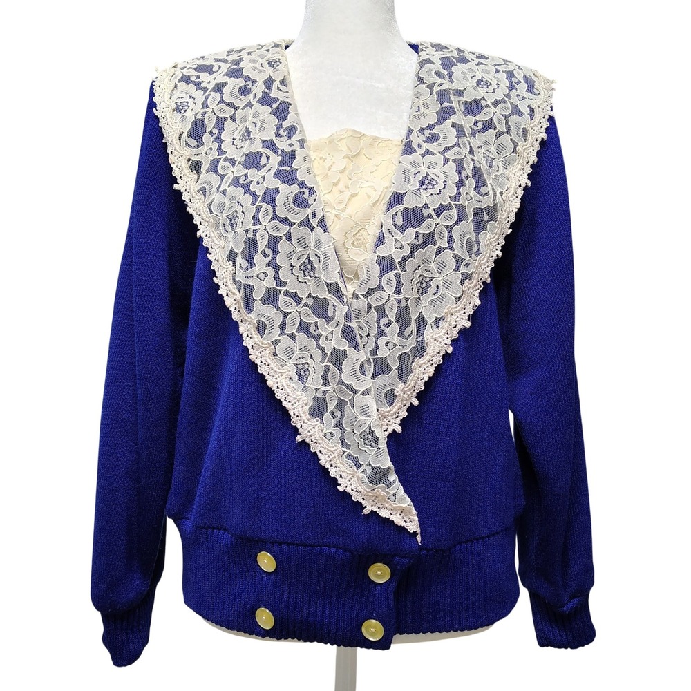 Vintage 80's Betsy's Things Cardigan Sweater Size 11 Royal Blue Lace Collar